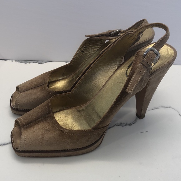 Prada Milano Suede Leather Peep Toe Slingback Shoes - Picture 1 of 10